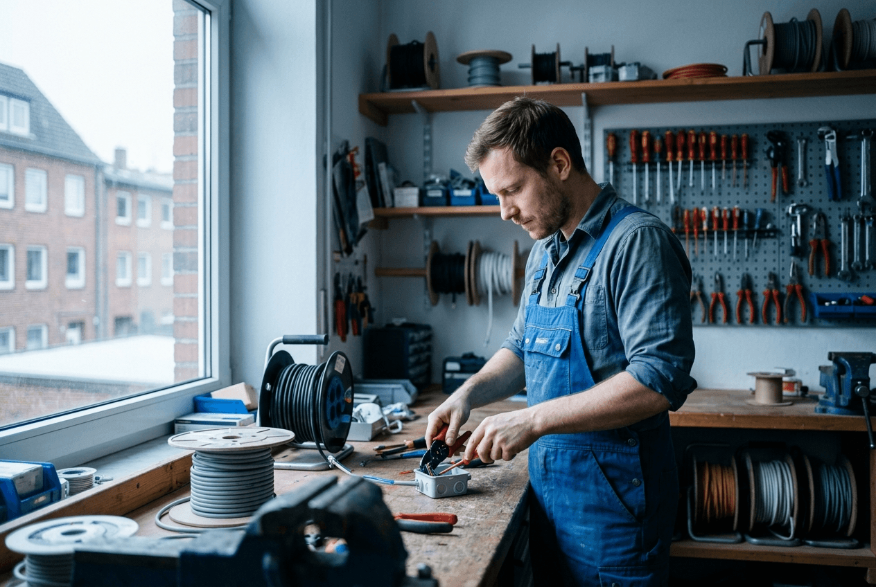 Leerer Elektriker-Arbeitsplatz mit Kabelrollen und Werkzeugwand, Sinnbild für den Fachkräftemangel in den Elektroberufen