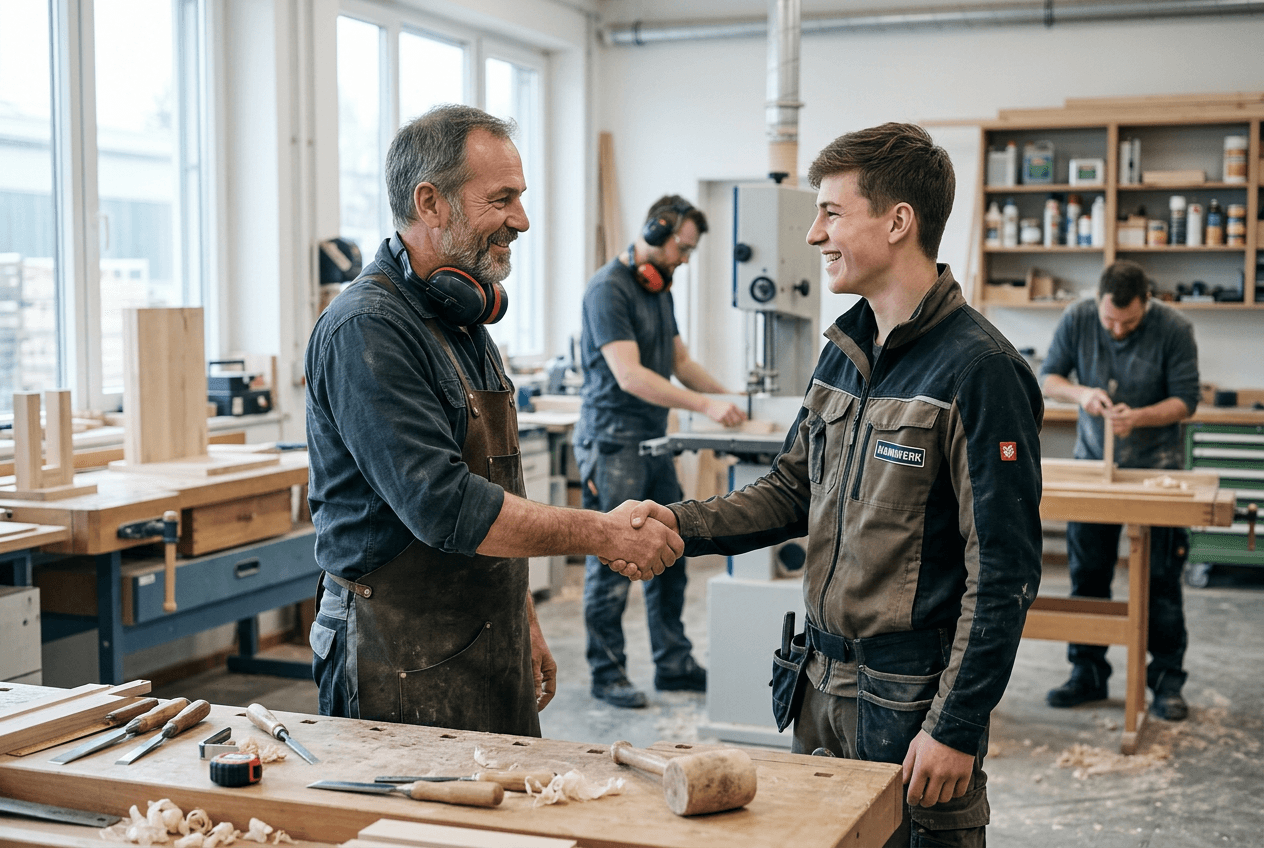Einladende, aufgeräumte Handwerker-Werkstatt mit offener Tür und warmem Licht, Sinnbild für eine sichtbare und attraktive Arbeitgebermarke