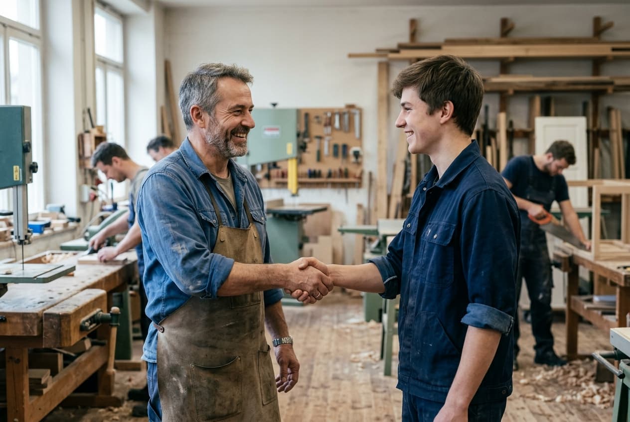 Handwerker und Mittelständler im Gespräch in einer Werkstatt, Sinnbild für moderne Mitarbeitergewinnung