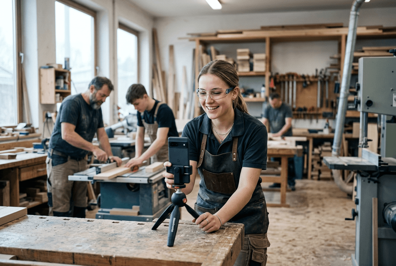 Junge Handwerkerin filmt sich mit dem Smartphone in der Werkstatt, Sinnbild für Social Recruiting aus dem Betrieb heraus